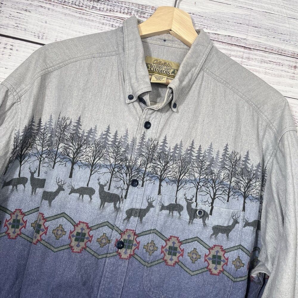 Cabelas Deerskin Soft Chamois Flannel Shirt XL Blue Aztec Deer Outdoor Button Up